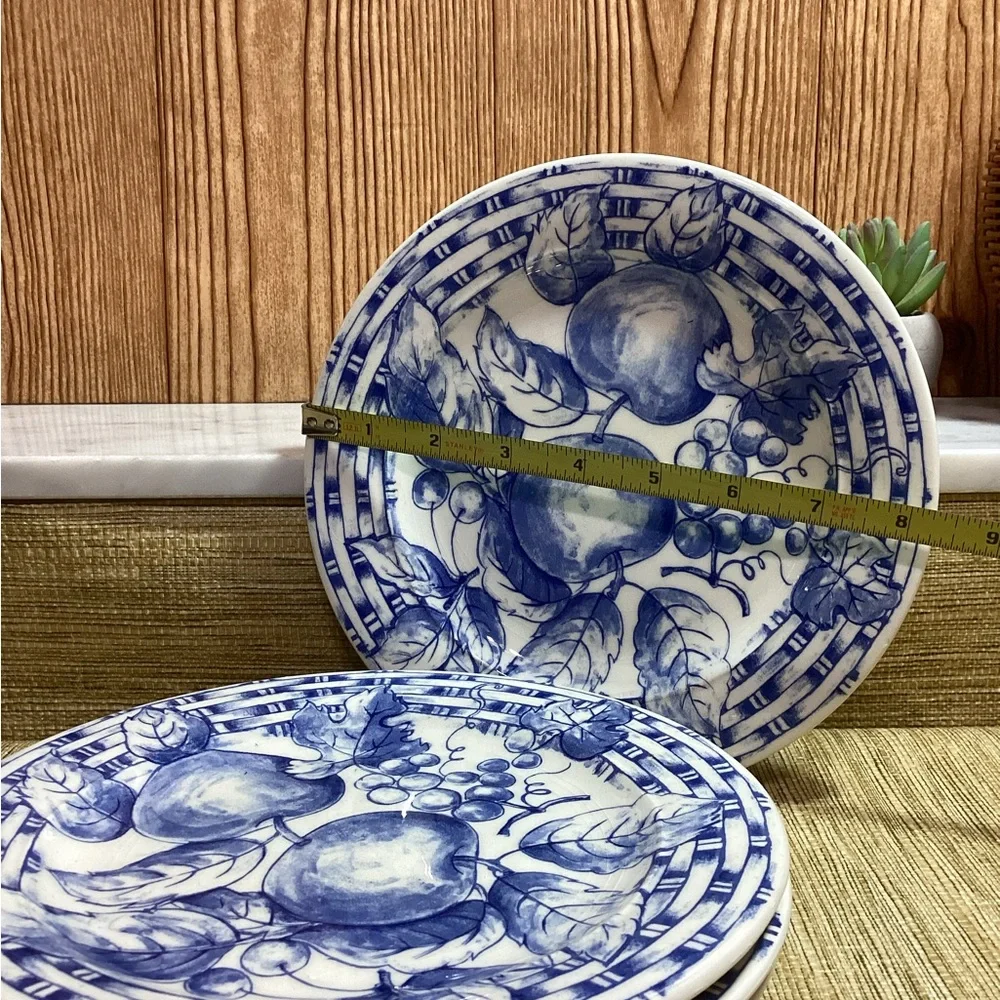 Blue and White Basket Weave with fruit 8.25” Plates set of 4 - Picture 2 of 4